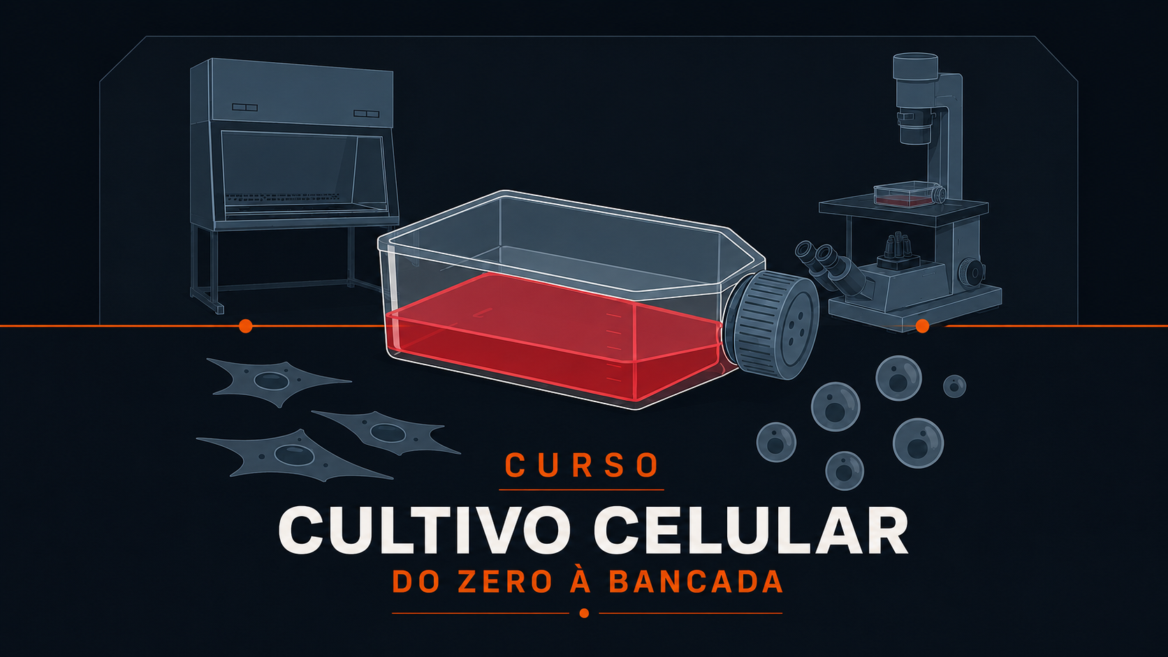 Curso Cultivo Celular do Zero à Bancada: cabine de segurança biológica, frasco de cultura e microscópio invertido